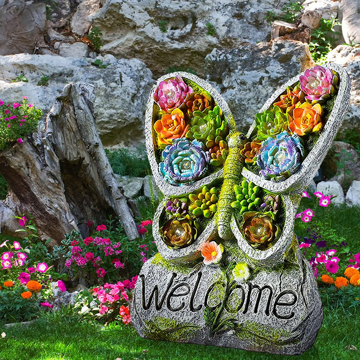 Solar Garden Sculptures & Statues -Succulent Butterfly Resin Craft Garden Statue Outdoor Decor with Solar Powered 8 LED Lights for Garden, Patio, Lawn, Yard, Balcony, Porch’