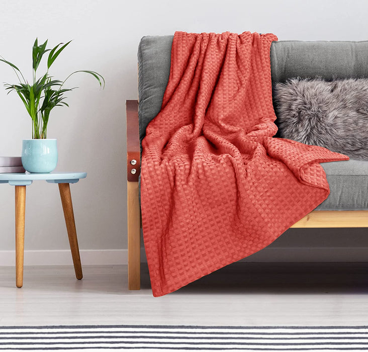 Cotton Waffle Blanket 300 GSM (Coral - 90X108 Inches) Soft Lightweight Breathable Bed Blanket King Size Layering Any Bed for All Season
