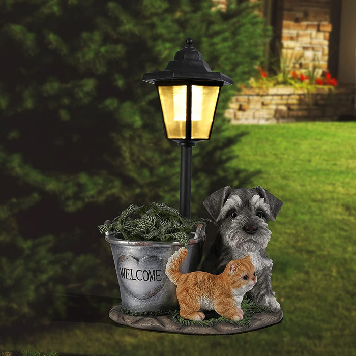 Garden Statues, Solar Garden Sculptures & Statues Outdoor with Solar Lights and Flowerpot Funny Garden Decor Housewarming Gifts Lights for Patio Yard, Balcony Decorations (Dog and Cat)