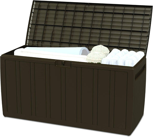 Plastic 71 Gallon Outdoor Backyard Storage Bin Deck Box for Patio Furniture Cushions, Tools, Toys, and Pool Accessories, Brown