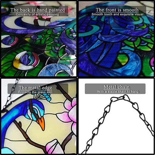 12" Garden Peacock Handmade Painted Stained Glass Wall Window Decorative Hangings Suncatcher Panel with Chain