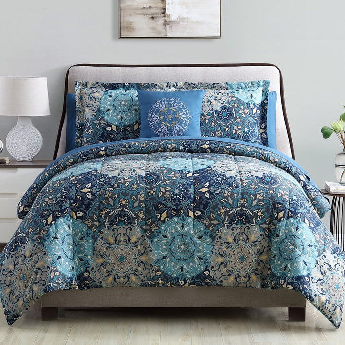 Modern Threads 8 Piece Reversible Bed in a Bag, Deep Blue Damask, Granada, Queen