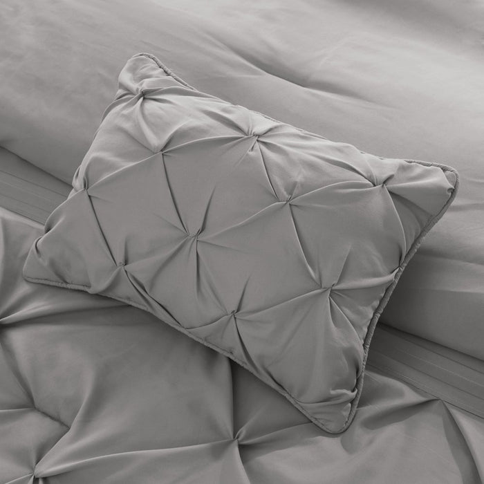 Comfort Spaces Cavoy Faux Silk 5-Piece Tufted Gray Comforter Set with Bed Skirt and Decorative Pillow, Queen