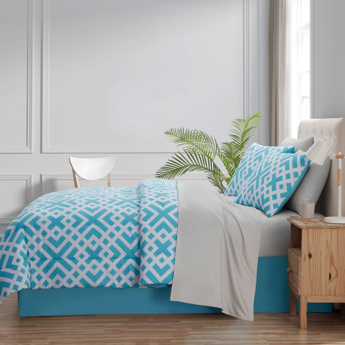 Mainstays Blue Geometric 8 Piece Bed in a Bag Comforter Set with Sheets, King