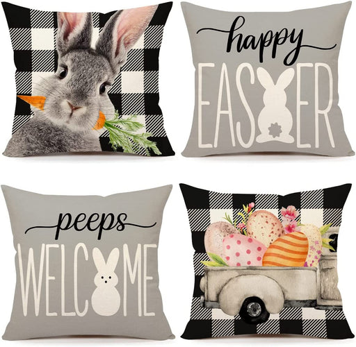 Easter Pillow Covers 18X18 Set of 4 Easter Decorations for Spring Farmhouse Pillows Easter Decorative Throw Pillows Buffalo Plaid Bunny Eggs Welcome Peeps Throw Cushion Case for Home Decor TH163