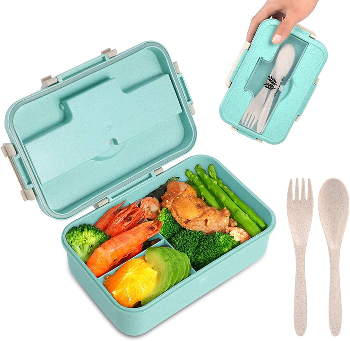 Bento Box for Kids Adults Lunch Box with 3 Compartment,Wheat Fiber Leak Proof Food Container with Spoon & Fork,1200Ml Lunch Boxes Containers for Men Women (Model2-Blue)