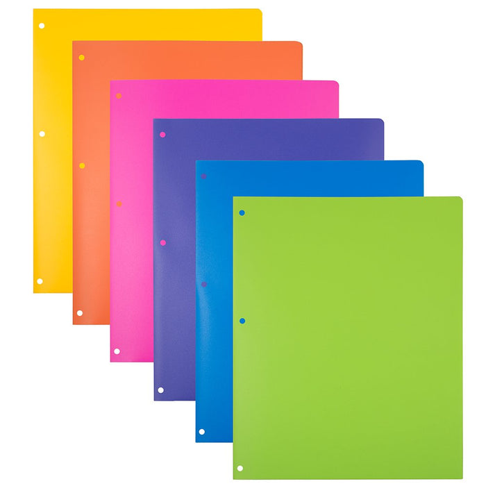 JAM Heavy Duty Plastic 3 Hole Punch School Folders with Pockets, 6 per Pack