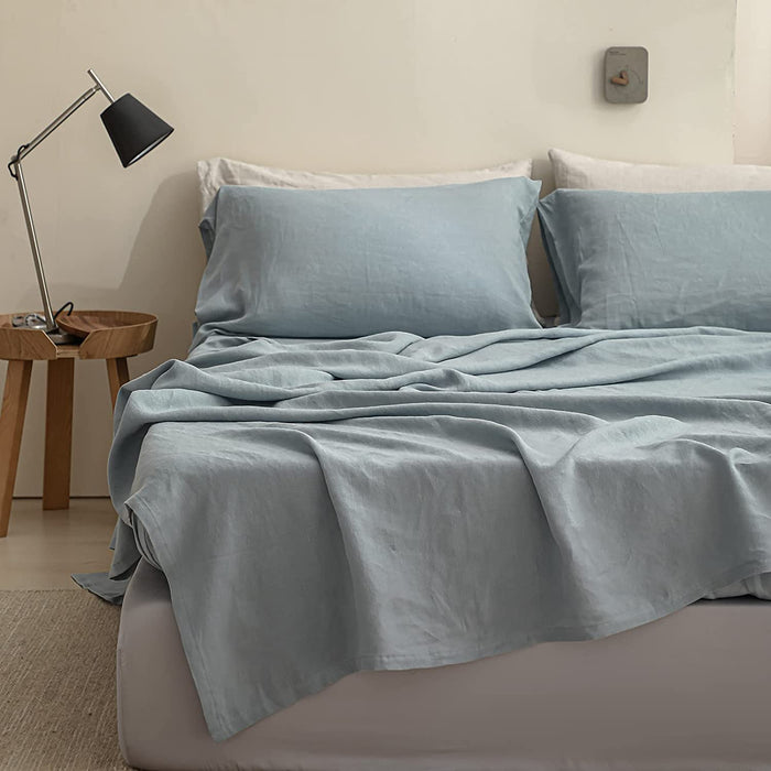 Simple&Opulence 100% Linen Sheet Set Solid Color-4 Pcs Washed French Linen Bed Sheets(1 Flat Sheet,1 Fitted Sheet,2 Pillowcases)-Breathable Bedding Set (Dusty Blue, Queen)