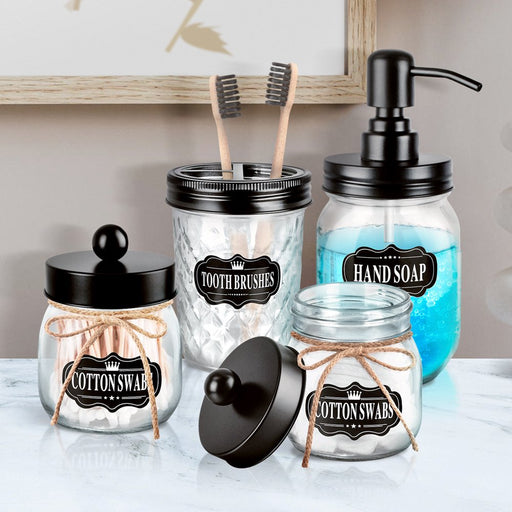 Flashmen Mason Jar Bathroom Accessories Set of 4, Lotion Soap Dispenser Toothbrush Holder 2 Apothecary Jars Qtip Holder Cotton Ball Holder Glass Vintage Farmhouse Decor Bathroom Organize