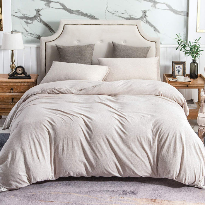 Jersey Knit Duvet Cover Set 100% T-Shirt Cotton Super Soft Comfy 3Pc Bedding Set with Zipper Closure (Heather Beige, King)