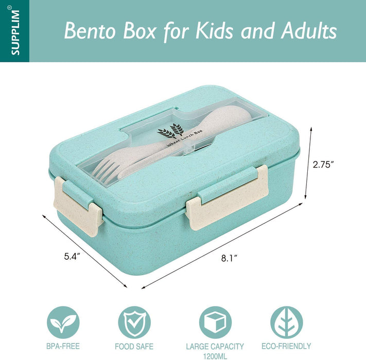 Bento Box for Kids Adults Lunch Box with 3 Compartment,Wheat Fiber Leak Proof Food Container with Spoon & Fork,1200Ml Lunch Boxes Containers for Men Women (Model2-Blue)