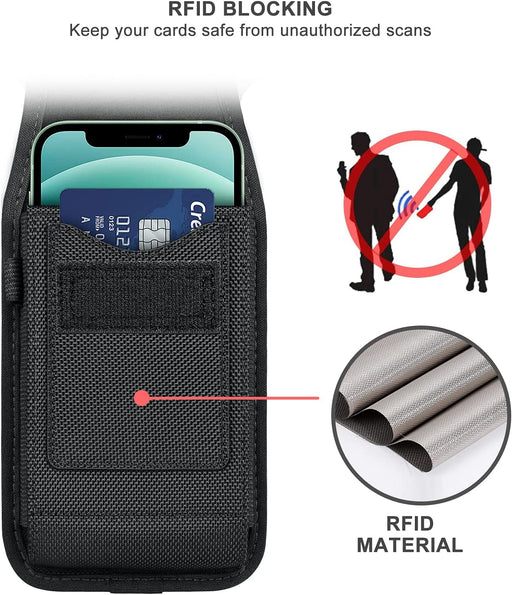 Cell Phone Holster for Iphone 11 12 13 14 Pro Max XR Samsung Galaxy S21 S20 FE S22 plus Ultra S9+ A13 A53 A12 Moto Nylon Belt Clip Card Holder RFID Blocking Pouch Case, Black