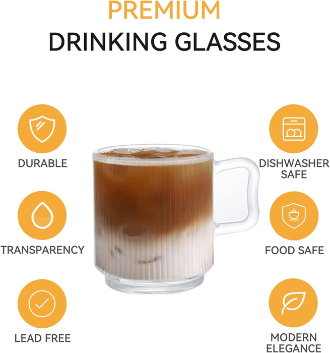 [6 PACK, 12 OZ] DESIGN•MASTER Premium Glass Coffee Mugs with Handle, Classic Vertical Stripes Tea Cup,Transparent Tea Glasses for Hot/Cold Beverages, Perfect Design for Americano, Cappuccino, Latte.