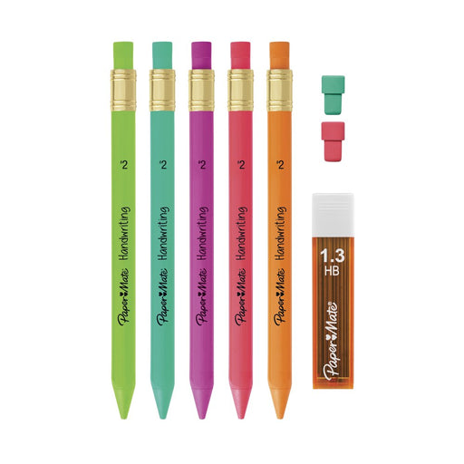 Handwriting Triangular Mechanical Pencils, HB #2 Lead (1.3Mm), Fun Barrel Colors, 5 Pencils, 1 Lead Refill Set, 2 Erasers