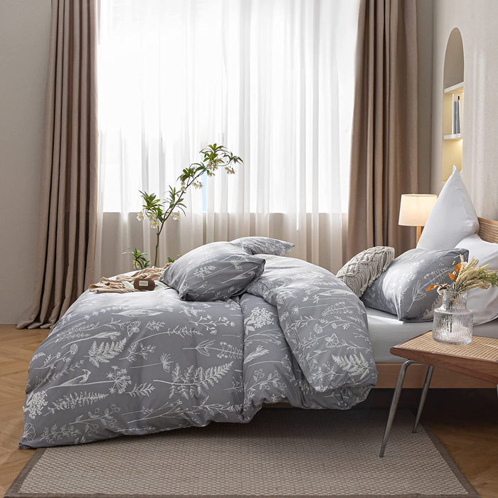 3PCS Comforter Set Floral Comforter Set Bedding Set White Flower Printing on Gray Comforter with 2 Pillow Cases for All Season Using(Queen)