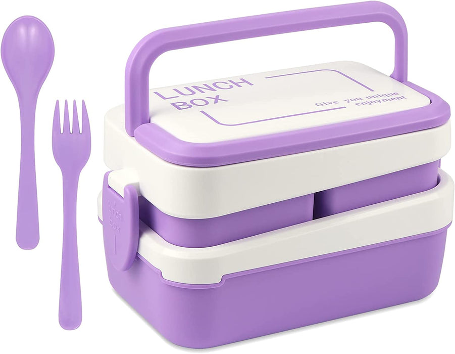 Bento Box Japanese Lunch Box Kit, Stackable 2 Layer Lunch Box, Leakproof Wheat Straw BPA Free Bento Lunch Boxes Set with Soup Cup, Spoon and Fork, Cake Cups