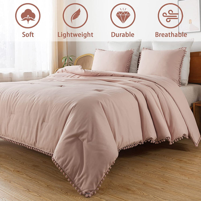 Blush Pom Pom Fringe Comforter Full(79X90 Inch), 3 Pieces(1 Boho Comforter and 2 Pillowcases) Aesthetic Boho Comforter, Lightweight Soft Microfiber down Alternative Bedding Set