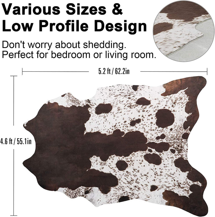 Faux Cowhide Rug 5.2 X 4.6 Feet, Cute Cow Hide Rug for Living Room Bedroom Western Home Decor Faux Fur Cow Print Rugs White and Brown