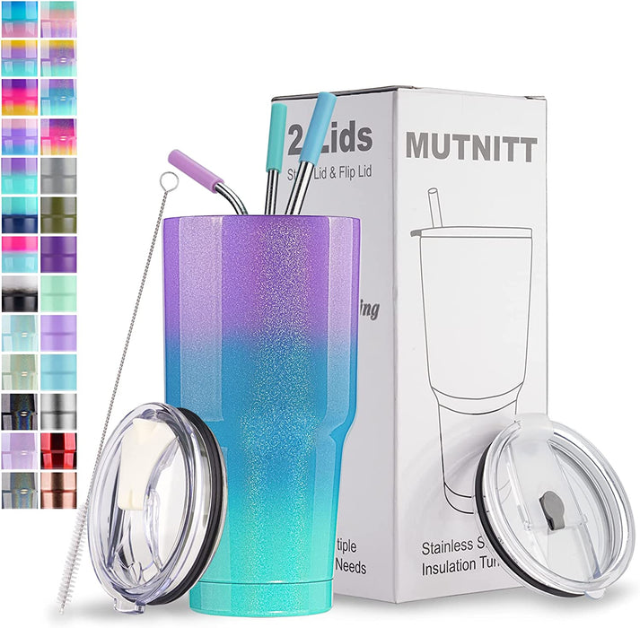 30 Oz Tumbler with Lids and Straws,18/8 Stainless Steel Vacuum Insulated Coffee Tumbler,Insulated Travel Mug Water Cup with Leak-Proof Straw Lid & Flip Lid,3 Metal Straws,1 Cleaning Brush & Gift Box