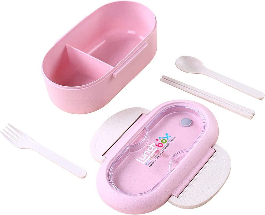Bento Box, Natural Wheat Safety 1000 ML Lunch Box Leakproof Food Storage Container with Fork Chopsticks, Spoon for Kids Adults, Microwavable, Dishwasher Safe, Pink