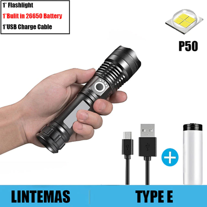 Rechargeable Flashlight Zoomable P70 Powerful LED Flashlight 3 Lighting Modes LED Torch Support for Mircro Charging Hunting Lamp