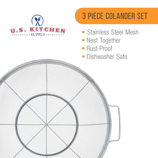 3 Piece Colander Set-Stainless Steel Wired Mesh Strainer Baskets with Wide Handles-11"-5 Quart, 9.5"