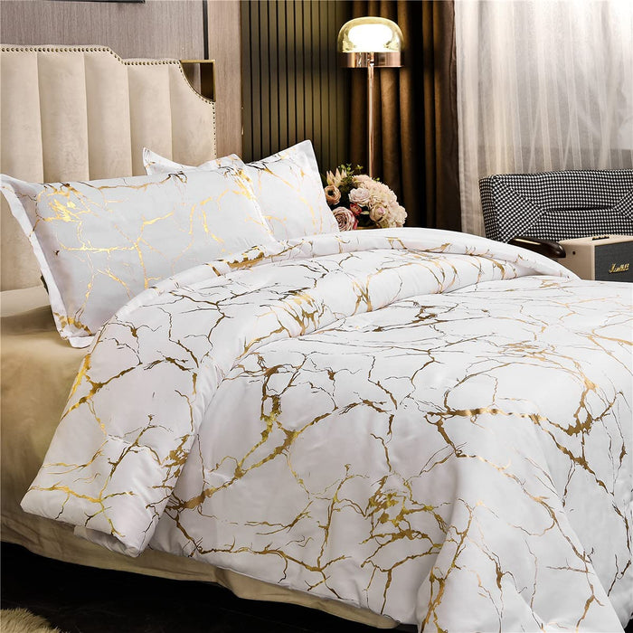 Gold Metallic Marble Comforter Set Queen Size Foil Print Glitter Bedding Sets,White/Gold, Queen