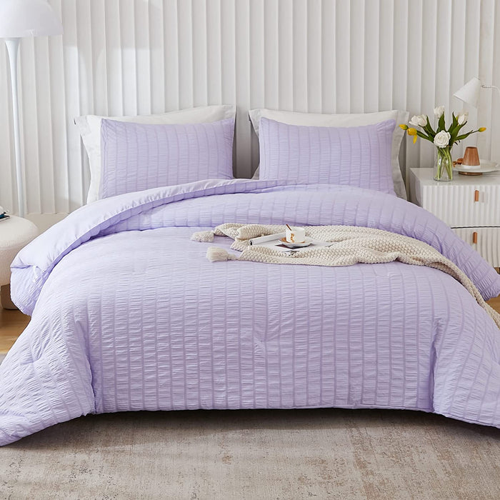Lavender Purple Seersucker Queen Comforter Set(90X90 Inches),3 Pieces-100% Soft Washed Microfiber Lightweight Comforter with 2 Pillowcases, All Season down Alternative Comforter Set for Bedding