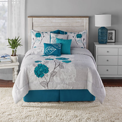 Mainstays 7-Piece Teal Roses Comforter Set, Full/Queen, with Embroidered Applique Detail