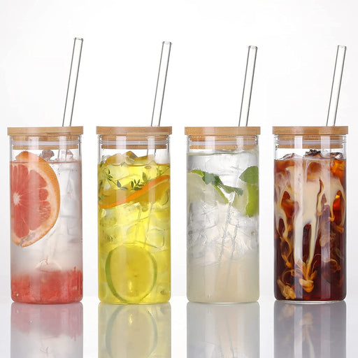 4 Set 20 OZ Drinking Glasses with Bamboo Lids and Straws, Borosilicate Glass Tumbler Cups - Tall Clear Iced Coffee Cups for Smoothie, Water, Juice, Coffee Bar Accessories - Cute Gifts, Reusable