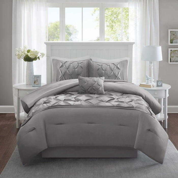 Comfort Spaces Cavoy Faux Silk 5-Piece Tufted Gray Comforter Set with Bed Skirt and Decorative Pillow, Queen