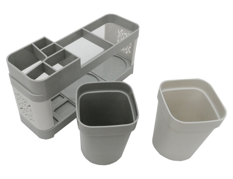 Toothbrush Toothpaste Stand Holder with 2 Cups Bathroom Storage Organizer Plastic White