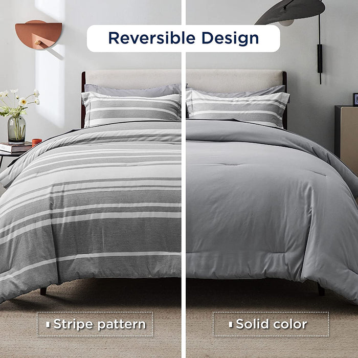 Bedsure Bed in a Bag Full Size 7-Piece Gray White Striped Bedding Comforter Sets All Season Bed Set, 2 Pillow Shams, Flat Sheet, Fitted Sheet and 2 Pillowcases