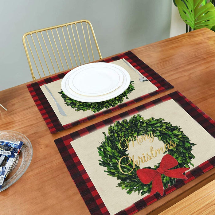 Pfrewn Christmas Holly Leaf Red Buffalo Plaid Placemats Set of 6 Table Mat Xmas Winter Place Mat Double-Sided Print 12" X 18" Dining Home Kitchen Table Decoration