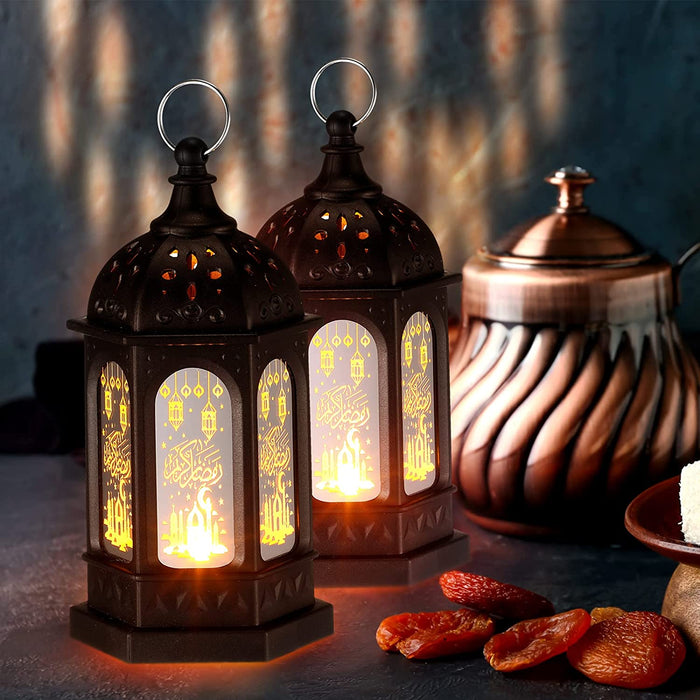 Mini Ramadan Candle Mubarak Lantern LED Eid Mubarak Lantern Moon Star Lights Moroccan Style Hanging Lantern for Home Patio Table Wedding Centerpiece Festival Decor (Black, 6 Pieces)