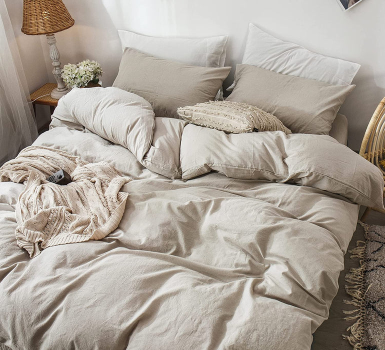 Bedding Duvet Cover Set 100% Washed Cotton Linen like Textured Breathable Durable Soft Comfy (Tannish Linen Grey, Queen)