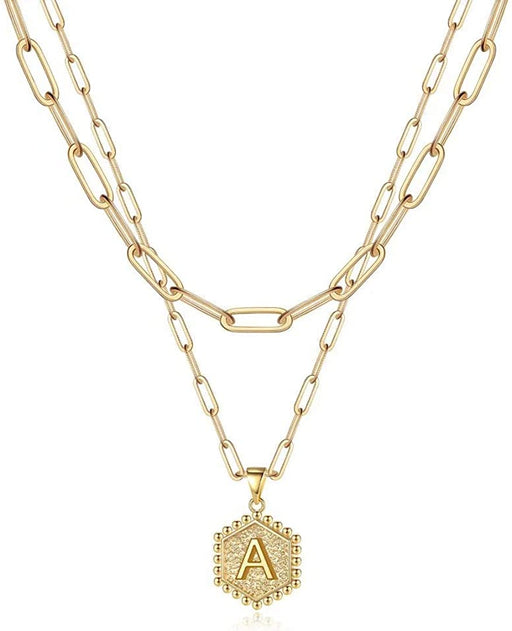 Dainty Layered Initial Necklaces for Women Trendy, 14K Real Gold Plated Paperclip Chain Necklace Cute Hexagon Letter Pendant Initial Choker Necklace Gold Layered Necklaces for Women