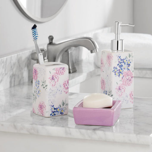 Mainstays 17-Piece Flower Polyester, Ceramic, Metal Bath Accessories Set, Purple