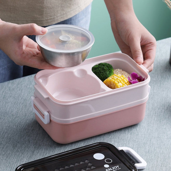 Lunch Box 2-Layer 3-Compartment Bento Box Cutlery Set Portable Leak Proof Food Container Storage Box with Fork Spoon Chopsticks For