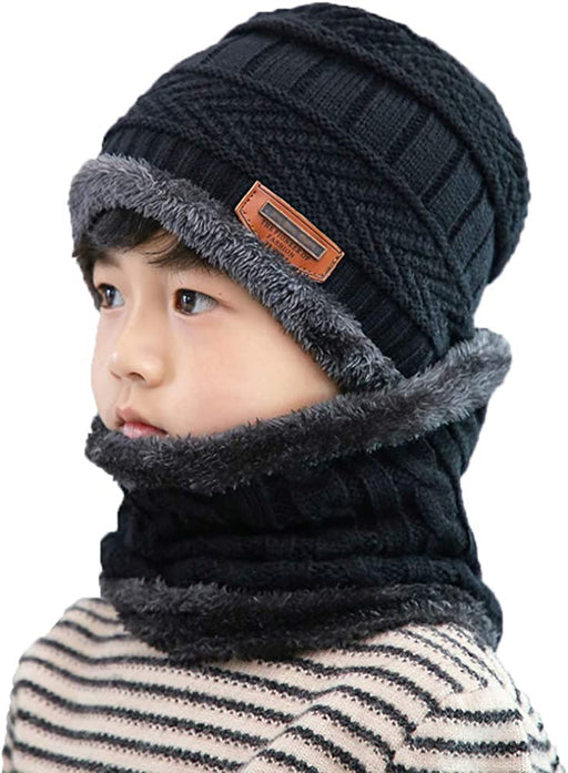 Kids Winter Hat and Scarf Set, 2Pcs Warm Knit Beanie Cap and Scarf for 5-14 Years Old