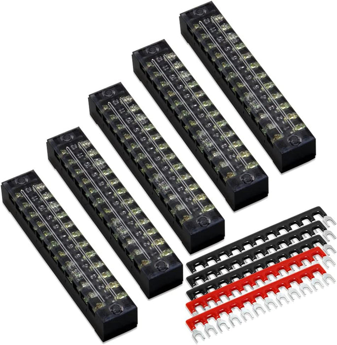 Terminal Block and Strip - 12Pcs (6 Sets) 4 Positions Dual Row 600V 25A Screw Terminal Strip Blocks with Cover + 400V 25A 4 Positions Pre-Insulated Terminals Barrier Strip Black & Red
