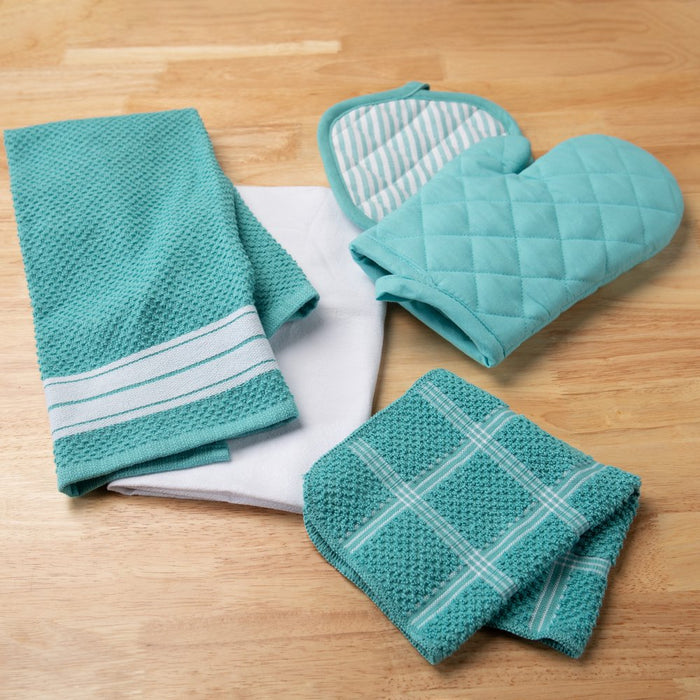 Mainstays, 20 Piece Set, Terry & Flat Kitchen Towel, Dish Cloth, Flour Sack, Oven Mitt, Pot Holder Aqua