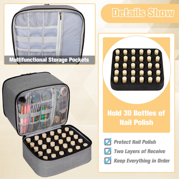 Nail Polish Organizer and Nail Dryer Case, Double-Layer Nail Polish Storage Holds 30 Bottles (15Ml/0.5 Fl.Oz) and 1 Led Nail Lamp, Travel Carrying Case for Nail Polish Kit Set (Grey)