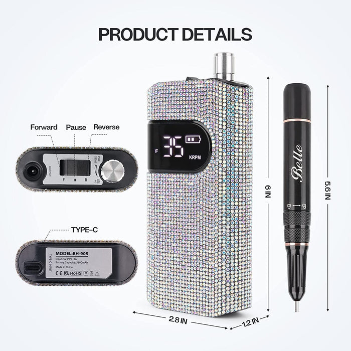 Professional Nail Drill Machine, Sparkly Electric Nail File for Acrylic Nails, Cordless Portable Nail Drill Kit with Drill Bits & Sanding Bands, Manicure Pedicure Tools for Home and Salon