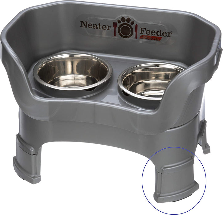 Neater Feeder Deluxe with Leg Extensions for Small Dogs - Mess Proof Pet Feeder with Stainless Steel Food & Water Bowls - Drip Proof, Non-Tip, and Non-Slip - Gunmetal Grey