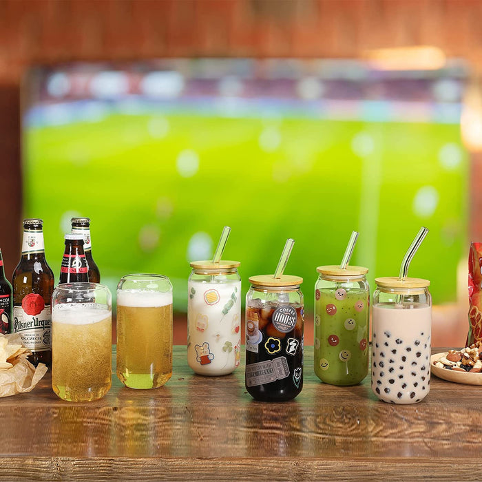 [ 8Pcs Set ] Drinking Glasses with Bamboo Lids and Glass Straw - 16Oz Can Shaped Glass Cups, Beer Glasses, Iced Coffee Glasses, Cute Tumbler Cup, Ideal for Cocktail, Whiskey, Gift - 2 Cleaning Brushes