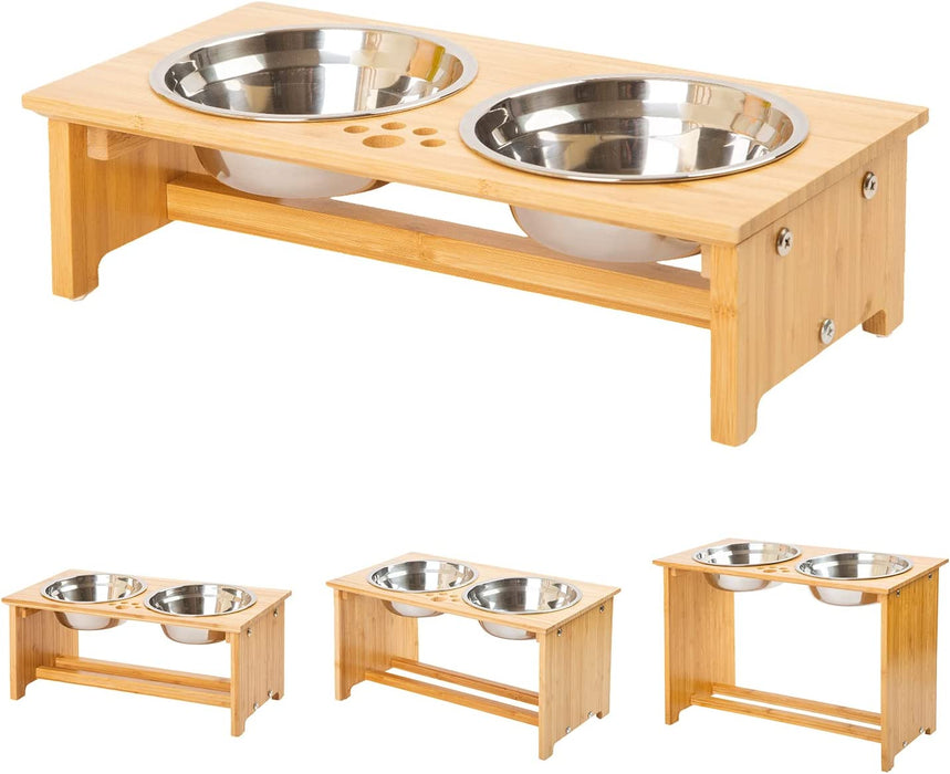 Raised Pet Bowls for Small and Medium Dogs, Bamboo Elevated Dog Cat Food and Water Bowls Stand Feeder with 2 Stainless Steel Bowls and anti Slip Feet (New 7'' Tall)