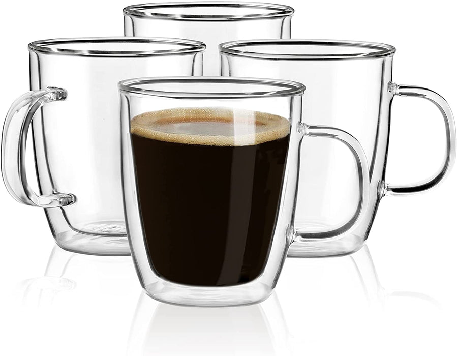 Double Wall Glass Coffee Mugs, (4-Pcak) 16 Ounces-Clear Glass Coffee Cups with Handle,Insulated Coffee Glass,Cappuccino Cups,Tea Cups,Latte Cups,Beverage Glasses Heat Resistant