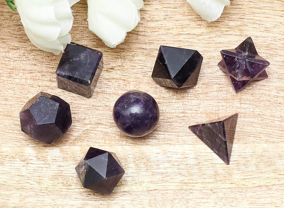 Amethyst 7 Pcs Platonic Sacred Stones Geometry Set for Chakra Stone Balancing Reiki Healing Spiritual Good Luck Home Office Decor Size: 15-20 Mm