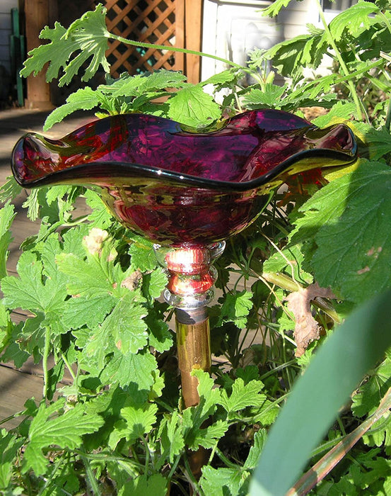 Crimson Red Hand Blown Glass Butterfly Feeder with 30" Copper Stake